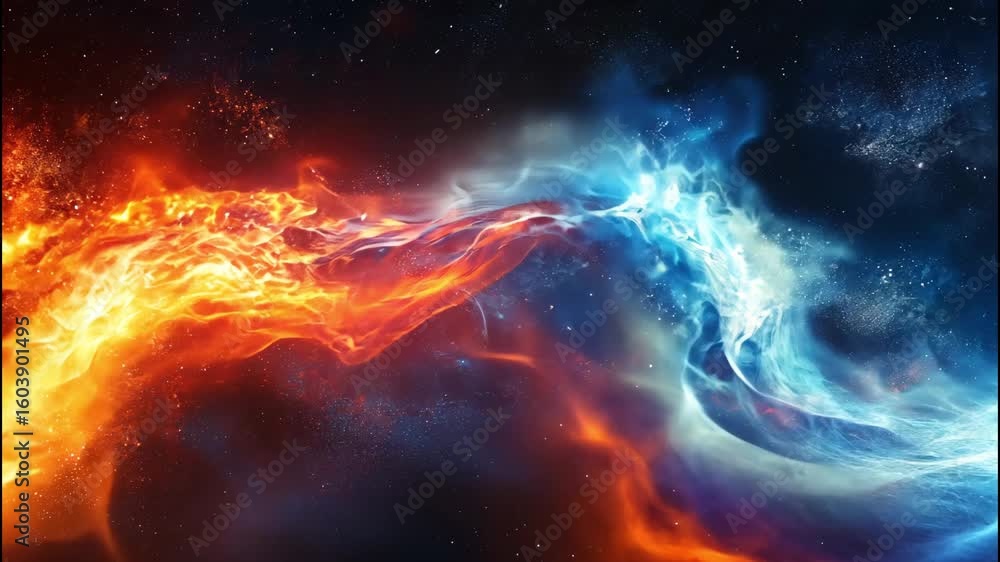 Poster blue and red nebula sparks in deep space with vibrant sci-fi glow.