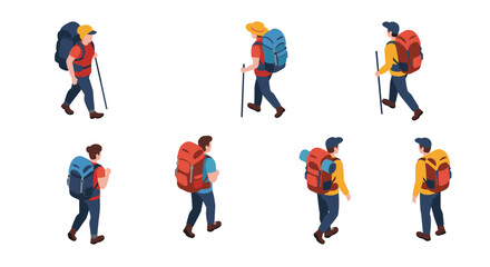Isometric hikers with backpacks in outdoor adventure poses