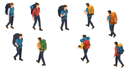 Diverse group of isometric hikers with backpacks walking in various di