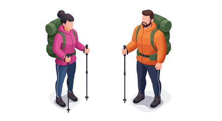Isometric hiking adventure: couple with backpacks and trekking poles i