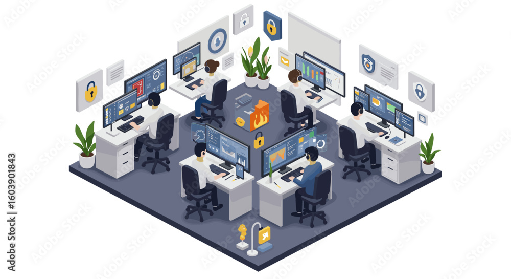 Aufkleber isometric office with people working on computers in a cybersecurity e