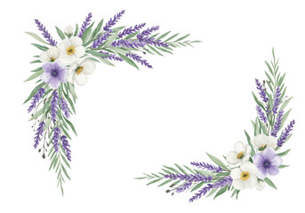 Watercolor floral corner arrangements with lavender and white flowers on a transparent background perfect for invitations and designs