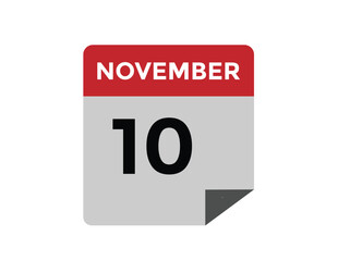 10 November, calendar date icon. 10 November Calendar Date for Deadlines or Appointment. Day, month. vector illustration.
