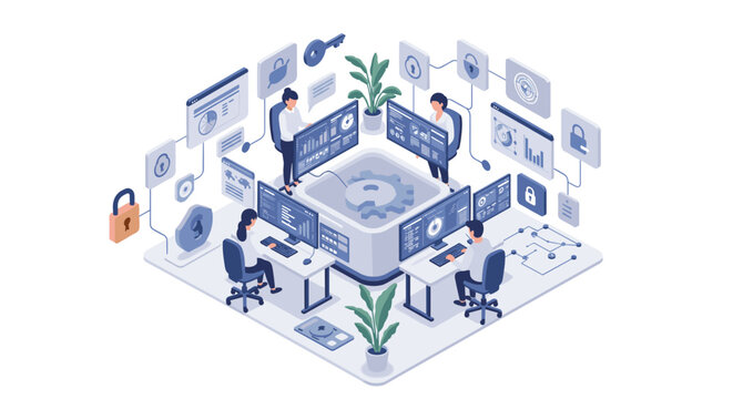 Isometric office collaboration with technology and data on multiple sc