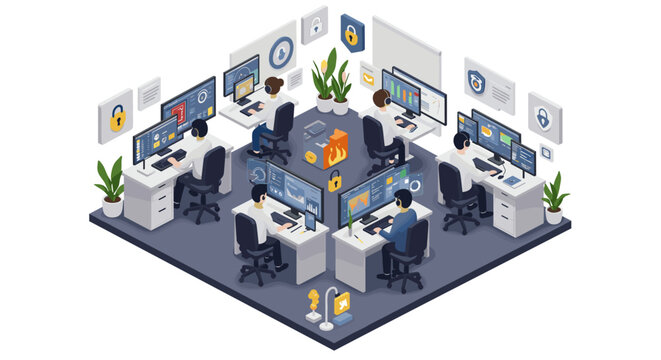 Isometric office with people working on computers in a cybersecurity e
