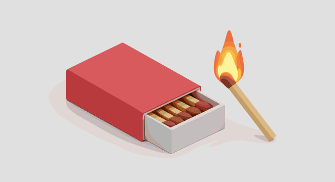 3d matchbox with burning matchstick on white background
