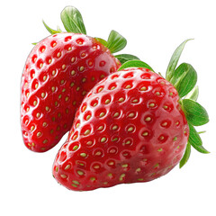 Two vibrant red strawberries with green leaves