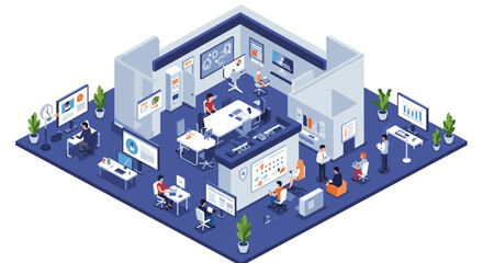 Obraz premium Modern isometric office workspace with team collaboration and technolo