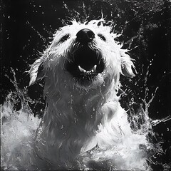 Dramatic monochrome photo of a splashing dog capturing the essence of joyful moments