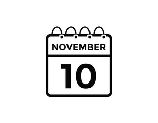 10 November, calendar date icon. 10 November Calendar Date for Deadlines or Appointment. Day, month. vector illustration.
