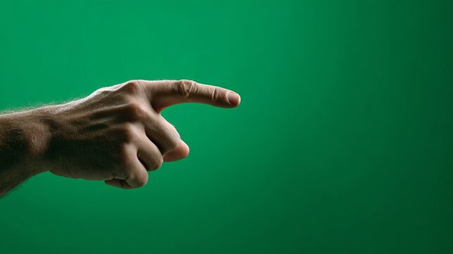 Realistic human hand with index finger extended, pointing to the left, against a vibrant, isolated green screen background
