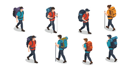Isometric hikers with backpacks walking in various poses