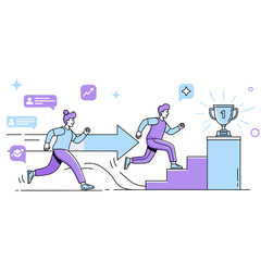 Illustration showing career progress and the path to business success, a man running up stairs toward a trophy for a great achievement.