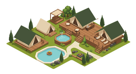 Cozy glamping site with tents and outdoor amenities in isometric desig