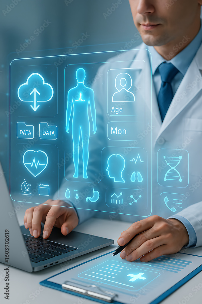 Poster doctor analyzing digital patient data with futuristic interface showing health records and virtual m