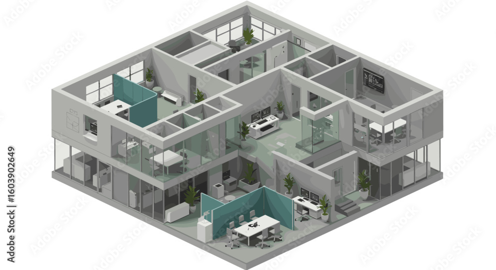 Poster modern isometric office layout with open workspaces and private rooms