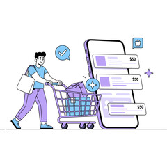 Online shopping and mobile commerce concept showing a man with a shopping cart emerging from a large smartphone after a purchase.