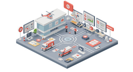 Isometric emergency management center with rescue vehicles and technol