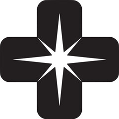 A black cross with rounded edges and a white starburst in the center on a white background design art