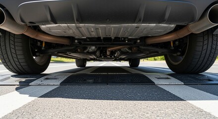Undercarriage of a Car on Speed Bump, Low Angle View