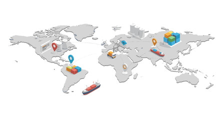 Global logistics network map with cargo and shipping icons in 3d isome
