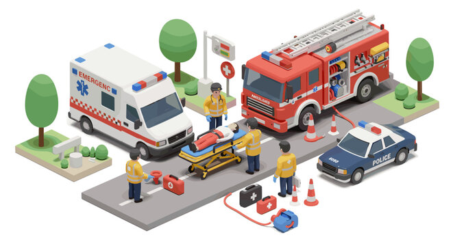 Isometric emergency rescue scene with ambulance, fire truck, and polic