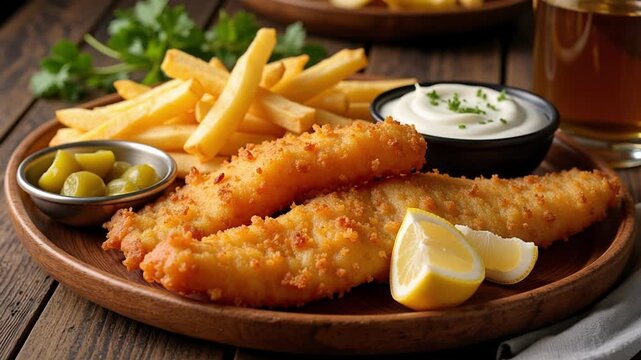 Crispy fish and chips with tartar sauce and a lemon wedge, a classic British-American pub meal perfect for food blogs and restaurant promotions