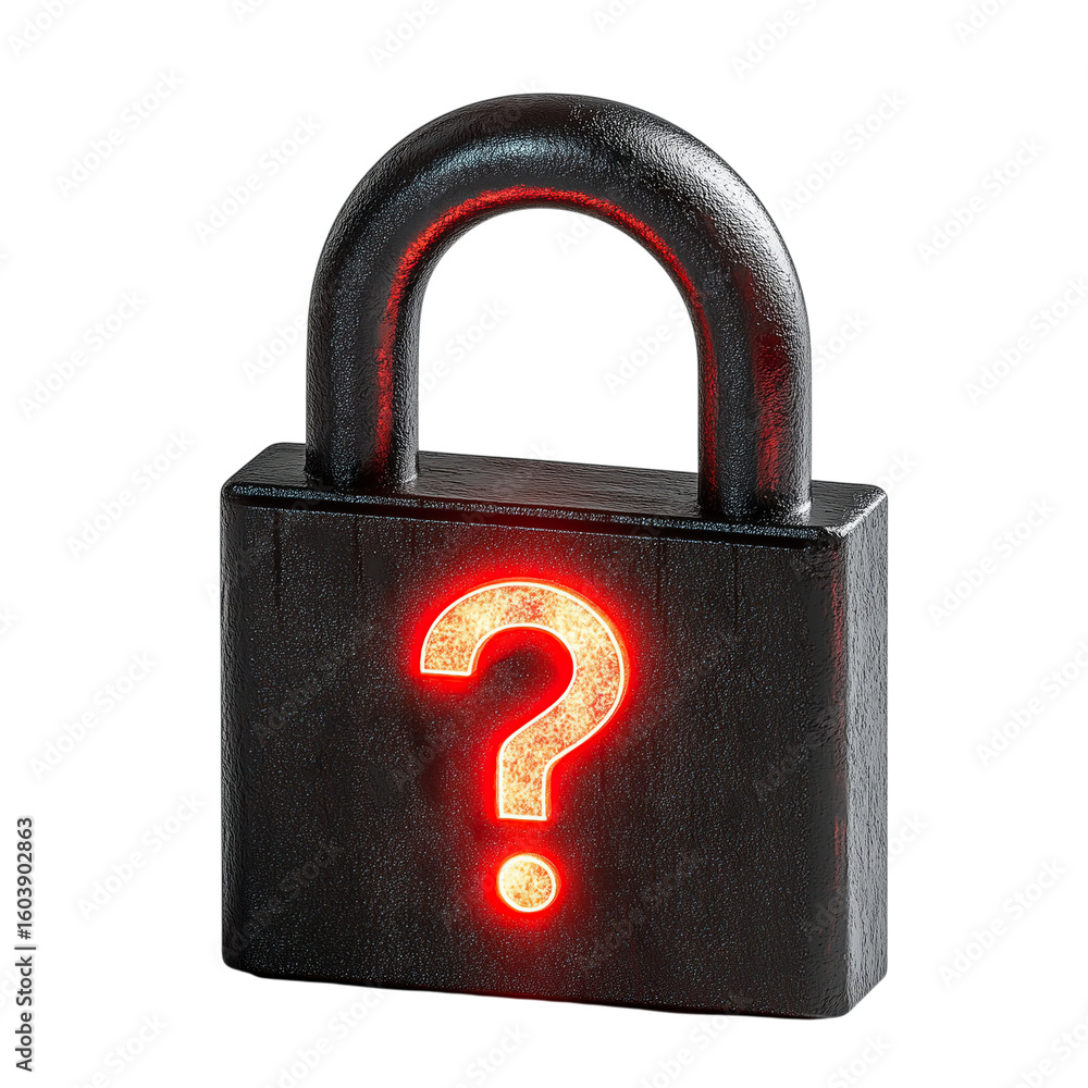 Poster a black padlock with a glowing question mark, symbolizing security and uncertainty. the sleek design