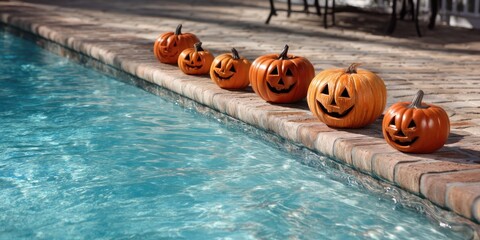 A row of carved pumpkins sitting on the edge of an in-ground pool with clear blue water, a fun Halloween party theme, spooky Halloween decorations,