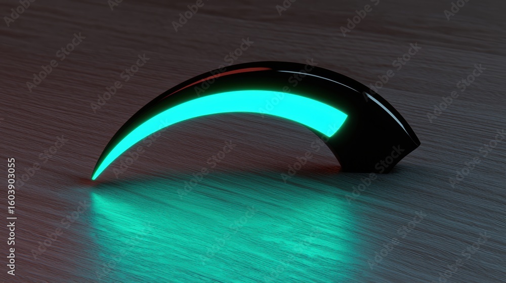Poster a futuristic black and blue object with a curved shape and glowing light.