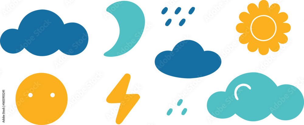 Poster vector art of collection of colorful weather icons featuring sun moon clouds rain and lightning in f