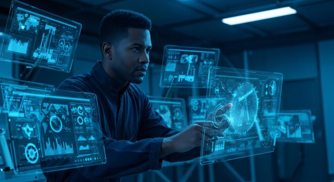 African america man engineer working with digital screen. Supervisor analyze data to manage the urban communication system.