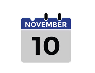 10 November, calendar date icon. 10 November Calendar Date for Deadlines or Appointment. Day, month. vector illustration.
