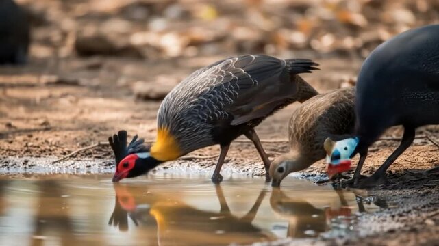 Crested fireback pheasants drinking water in the wild tropical forest