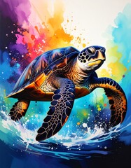 A Sea Turtle Swimming in Vibrant Watercolor Art Description: An artistic watercolor illustration of a sea turtle gracefully swimming. 