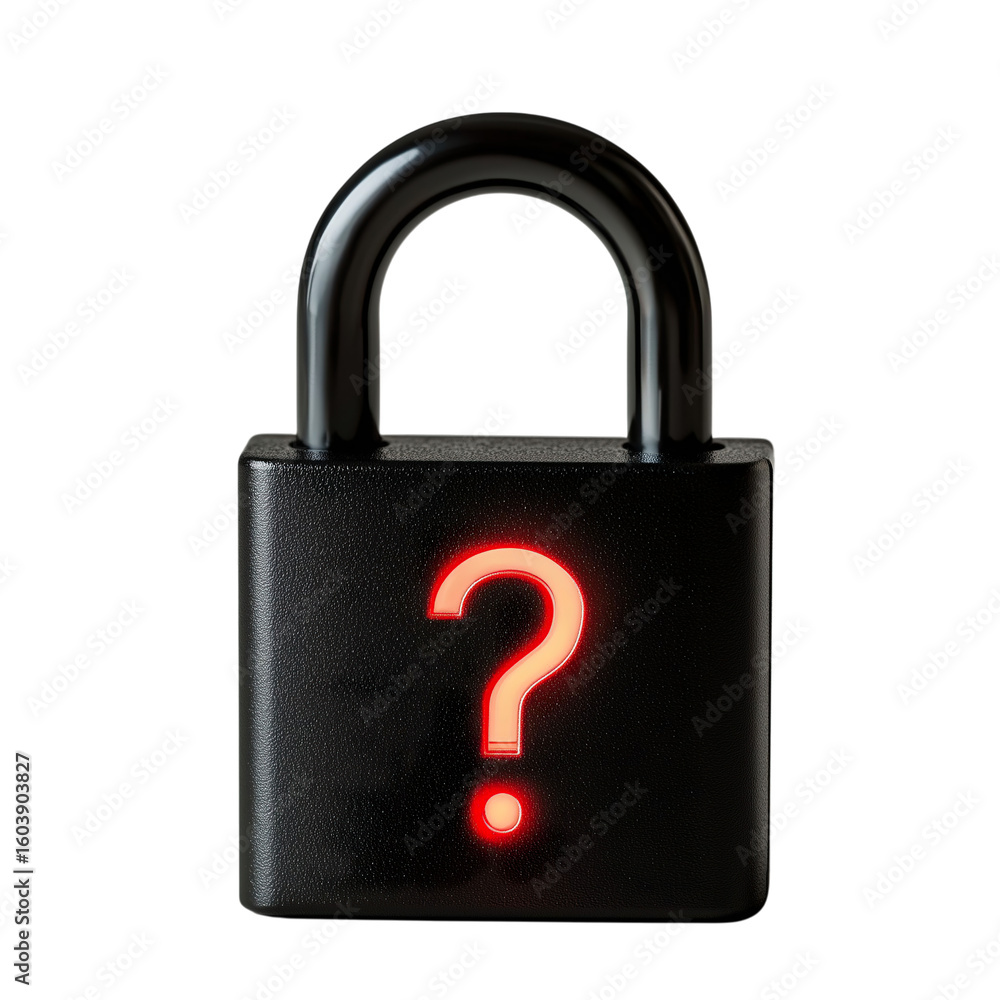 Poster a black padlock with a glowing red question mark symbolizing security and uncertainty, representing 