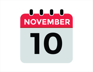 10 November, calendar date icon. 10 November Calendar Date for Deadlines or Appointment. Day, month. vector illustration.
