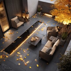 Modern courtyard with autumn leaves, water feature, and seating
