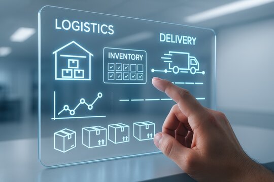 Modern businessman interacts with digital logistics dashboard showing inventory and delivery tracking for seamless supply chain management.