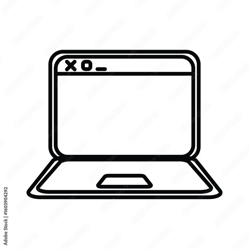 Fototapete A black and white line drawing of an open laptop with a trackpad and window icons