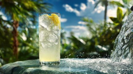 Elegant silver-rimmed cocktail glass with lemonade in fountain, refreshing summer drink concept for luxury ads, beverage branding, tropical lifestyle backdrop
