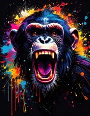 An artistic illustration of a chimpanzee with its mouth wide open, teeth bared in an aggressive display. The black background is filled with an explosion of vibrant, colorful paint splashes.