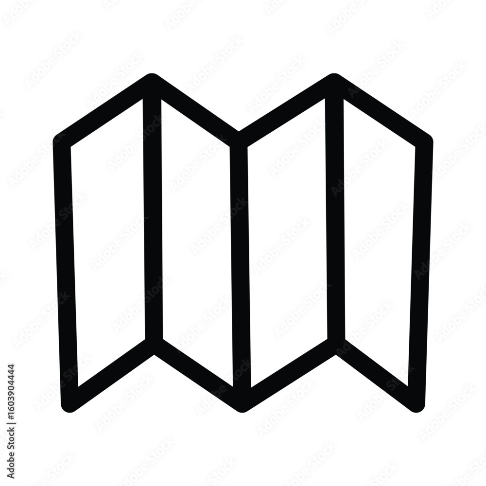 Poster a black outlined icon shows a stylized folded map four vertical panels create a zigzag pattern