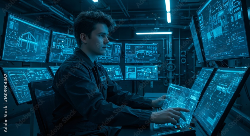Poster young male engineer working on a transparent screen in a futuristic control room with multiple monit