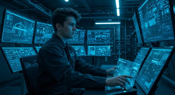 Young male engineer working on a transparent screen in a futuristic control room with multiple monitors, monitoring urban communication systems.