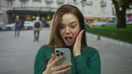Wide eyed woman in green sweater holds smartphone with hand to cheek on busy downtown street;...