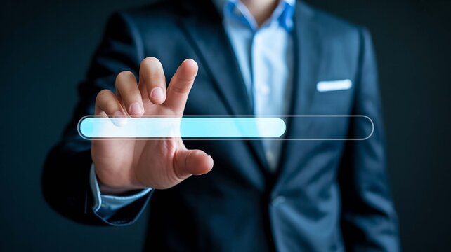 Businessman Interacting with a Loading Bar Interface Showing Progress on Transparent Background Digital Technology - Powered by Adobe