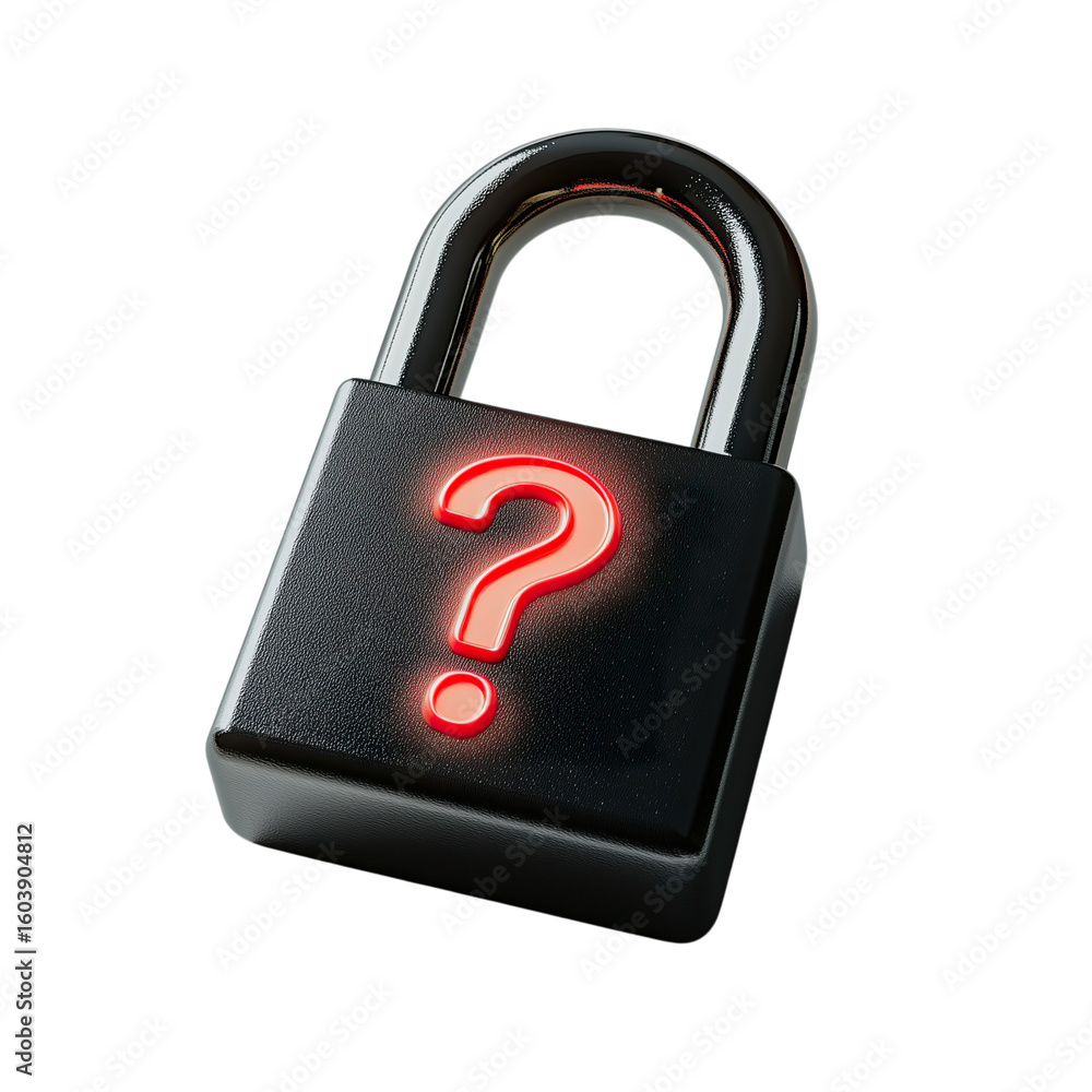 Poster a sleek black padlock with a glowing red question mark, symbolizing uncertainty or security concerns