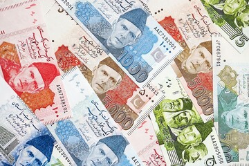 Pakistan rupees banknotes. The current Pakistan money bills lies on table in big amount
