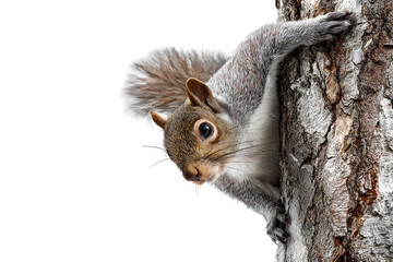 Close up of a squirrel clinging to a tree trunk isolated on transparent background